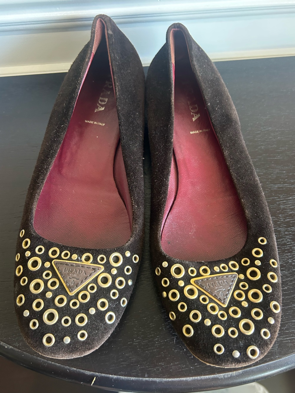 Prada Brown Suede Grommet Ballet Flats with Gold-Tone Accents